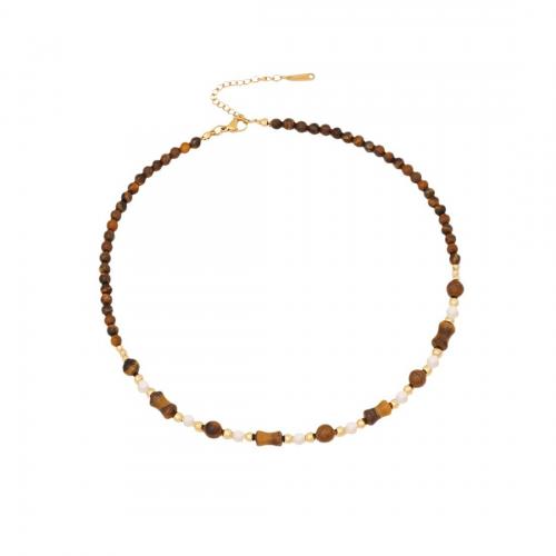 Tiger Eye Necklace, with Shell & 304 Stainless Steel, with 2inch extender chain, gold color plated & for woman Approx 15.7 Inch 