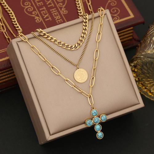 304 Stainless Steel Jewelry Set, with turquoise, Cross, gold color plated & for woman 