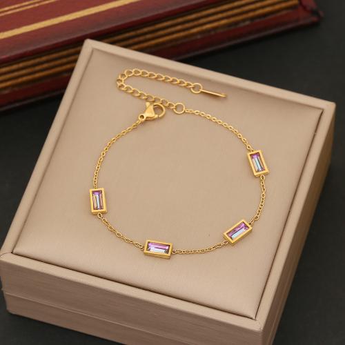 304 Stainless Steel Bracelet, with Glass, with 2inch extender chain, gold color plated & for woman Approx 7 Inch 
