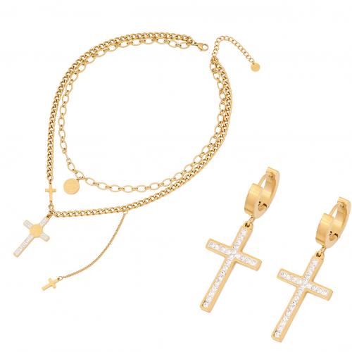 304 Stainless Steel Jewelry Set, Cross, gold color plated & for woman & with rhinestone 