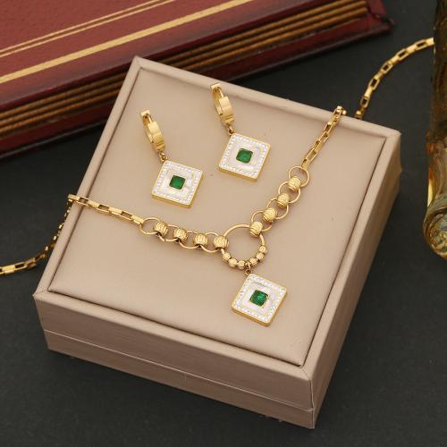 304 Stainless Steel Jewelry Set, with White Shell, Geometrical Pattern, gold color plated & for woman & with rhinestone 