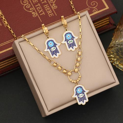 304 Stainless Steel Jewelry Set, Hamsa, gold color plated & for woman & enamel & with rhinestone 
