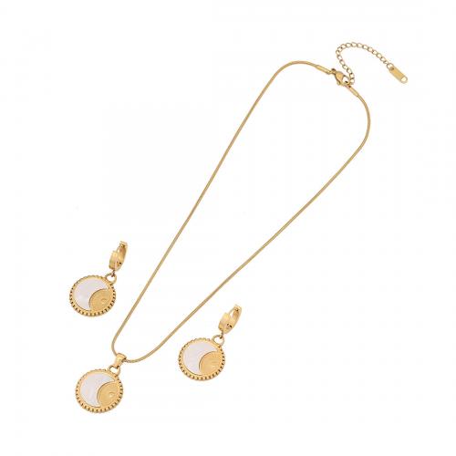 304 Stainless Steel Jewelry Set, earring & necklace, with Shell, Moon, gold color plated, 2 pieces & snake chain & for woman 