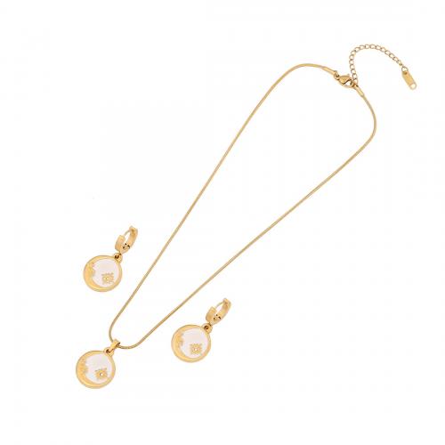 304 Stainless Steel Jewelry Set, earring & necklace, Moon and Star, gold color plated, 2 pieces & snake chain & for woman & enamel [