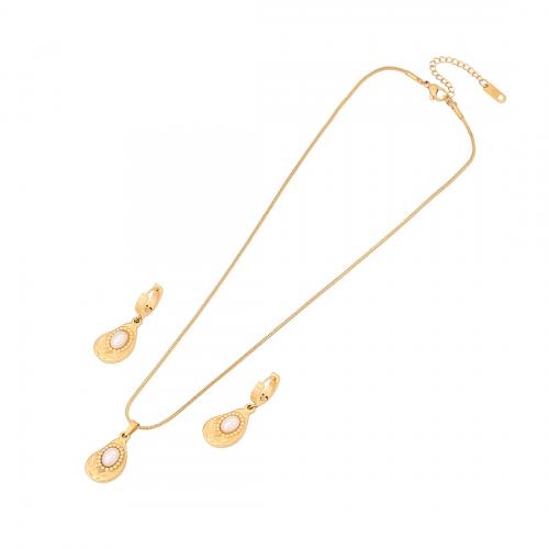 304 Stainless Steel Jewelry Set, earring & necklace, with Plastic Pearl, gold color plated, 2 pieces & snake chain & for woman 