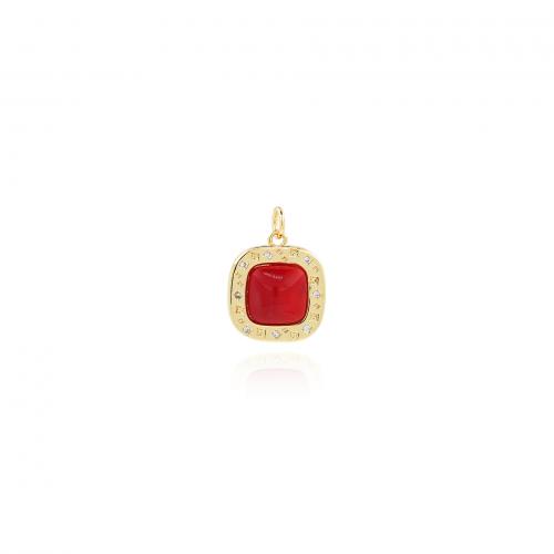 Cubic Zirconia Micro Pave Brass Pendant, Square, 18K gold plated, fashion jewelry & DIY & micro pave cubic zirconia & enamel, red 