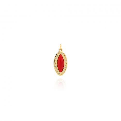 Cubic Zirconia Micro Pave Brass Pendant, Flat Oval, 18K gold plated, fashion jewelry & DIY & micro pave cubic zirconia & enamel, red 