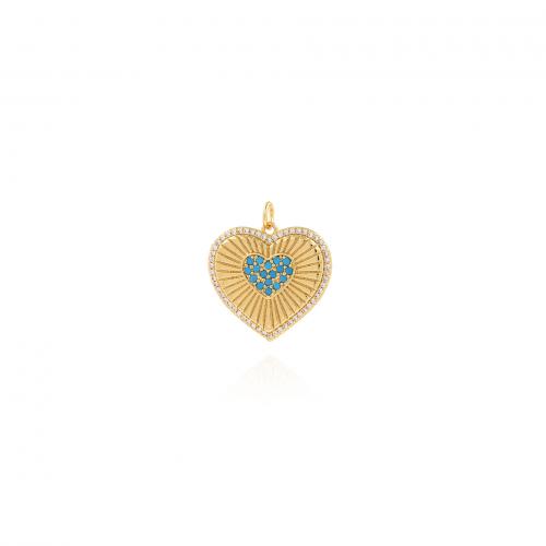 Cubic Zirconia Micro Pave Brass Pendant, Heart, 18K gold plated, fashion jewelry & DIY & micro pave cubic zirconia, blue 