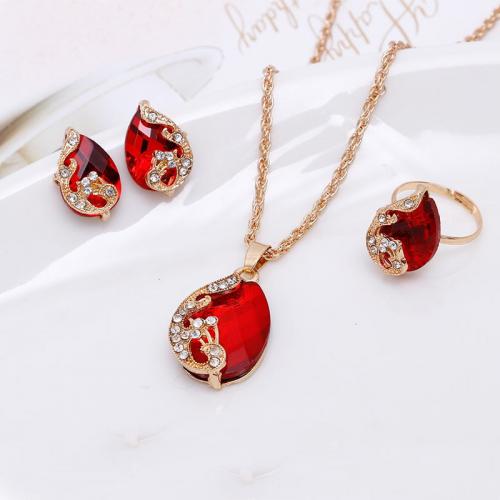 Rhinestone Zinc Alloy Jewelry Set, Stud Earring & finger ring & necklace, with 5cm extender chain, three pieces & for woman & with rhinestone pendant 30*20mm, Rings and earrings 20*14mm Approx 45 cm 