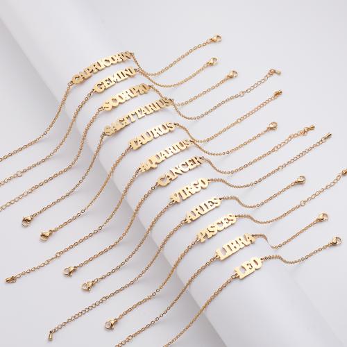 Stainless Steel Chain Bracelets, 304 Stainless Steel, 12 Signs of the Zodiac, gold color plated & for woman cm 