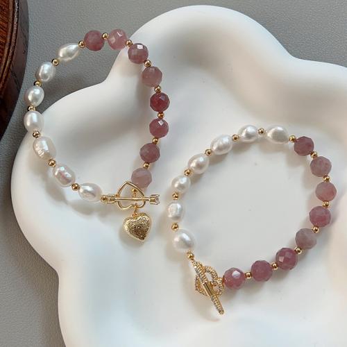Quartz Bracelets, Rose Quartz, with ABS Plastic Pearl & Brass, fashion jewelry & micro pave cubic zirconia .2 cm 