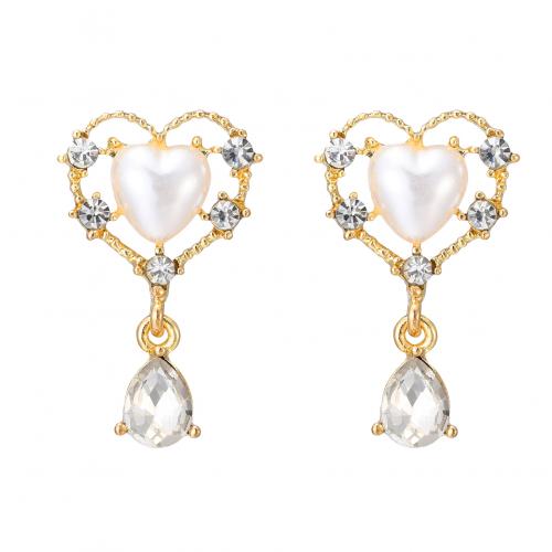Zinc Alloy Rhinestone Stud Earring, with Plastic Pearl, Heart, fashion jewelry & for woman & with rhinestone, gold 