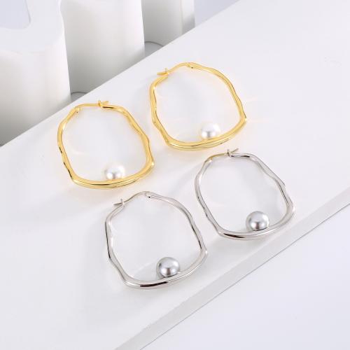 Brass Hoop Earring, with Plastic Pearl, plated, fashion jewelry & for woman & hollow 
