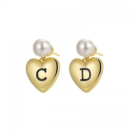 Brass Drop Earring, with Plastic Pearl, Heart, plated, fashion jewelry & for woman, gold 