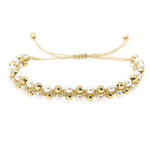 Pulseras de perlas plásticas, metal, con Cordón de cera & Perlas plásticas, hecho a mano, para mujer, dorado, Vendido por UD