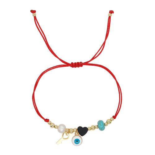 Evil Eye Jewelry Bracelet, Brass, with turquoise & Wax Cord & Hematite & Plastic Pearl & Zinc Alloy, handmade, for woman & enamel, red 