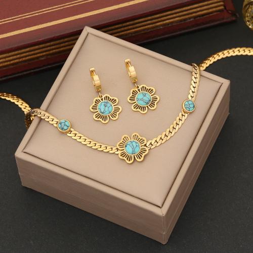 304 Stainless Steel Jewelry Set, with turquoise, Flower, gold color plated & for woman 