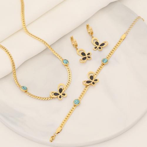 304 Stainless Steel Jewelry Set, with turquoise, Butterfly, gold color plated & for woman & hollow 