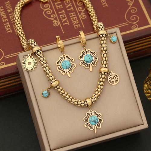 304 Stainless Steel Jewelry Set, with turquoise, Flower, gold color plated & for woman [