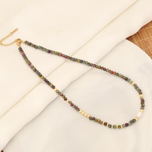 Gemstone Necklace, with Plastic Pearl & Brass & 304 Stainless Steel, with 2inch extender chain, gold color plated & for woman & faceted Approx 15.7 Inch 