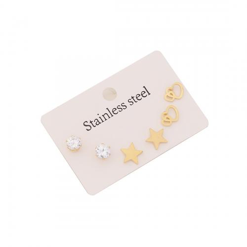 304 Stainless Steel Stud Earring Set, gold color plated, three pieces & for woman & with rhinestone 