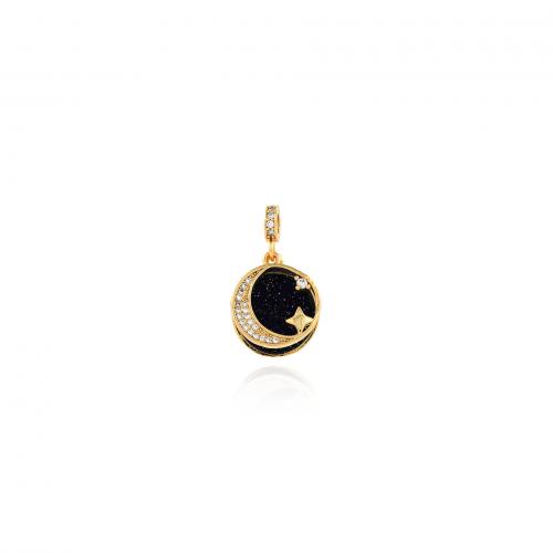 Cubic Zirconia Micro Pave Brass Pendant, Flat Round, 18K gold plated, fashion jewelry & DIY & micro pave cubic zirconia, black 