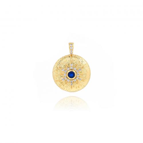 Cubic Zirconia Micro Pave Brass Pendant, Flat Round, 18K gold plated, fashion jewelry & DIY & micro pave cubic zirconia, blue 