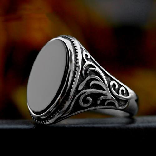 Titanium Steel Finger Ring, with Black Agate, Oval, polished, vintage & for man, original color, US Ring 