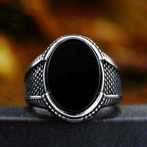 Partículas de acero anillo, con Ágata negra, Óvalo, pulido, Vintage & diverso tamaño para la opción & para hombre, color original, tamaño:7-13, Vendido por UD