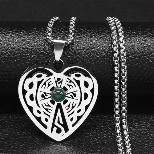 Stainless Steel Jewelry Necklace, 304 Stainless Steel, with Natural Stone, Heart, polished, fashion jewelry & Unisex, silver color Approx 50 cm 
