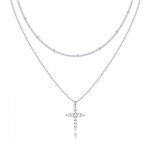 Zirkonia Edelstahl Halskette, 304 Edelstahl, mit Verlängerungskettchen von 5cm, Kreuz, Doppelschicht & Micro pave Zirkonia & für Frau, keine, 20x15mm, Länge:ca. 37 cm, ca. 43 cm, verkauft von PC