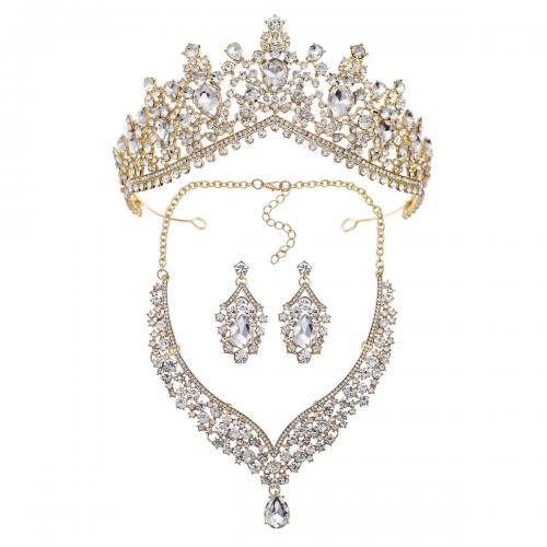 Bridal Tiaras, Zinc Alloy, crown & earring & necklace, plated, three pieces & for woman & with rhinestone 