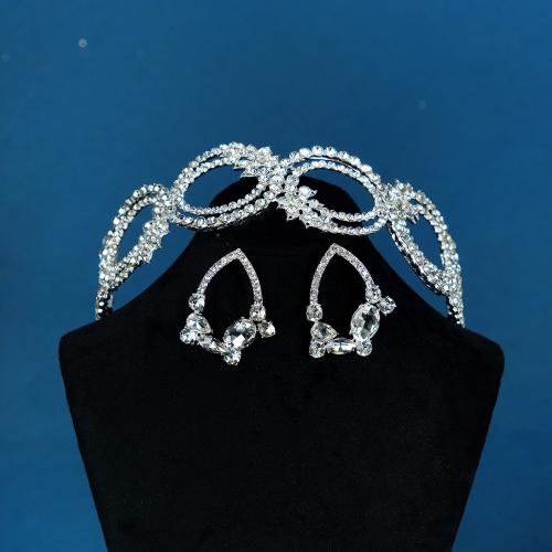 Bridal Tiaras, Zinc Alloy, crown & earring, silver color plated, 2 pieces & for woman & with rhinestone 