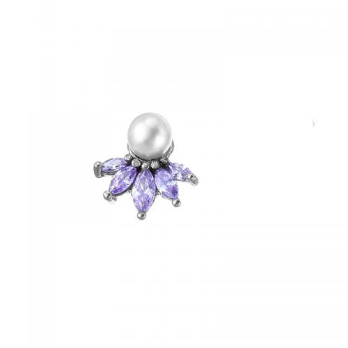 Titanium Steel Earrings, with Plastic Pearl, plated, fashion jewelry & with rhinestone, purple 