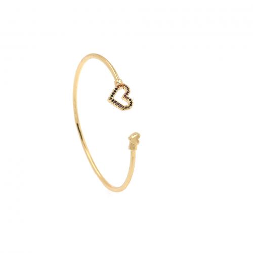 Brass Cuff Bangle, Heart, 18K gold plated, fashion jewelry & micro pave cubic zirconia & for woman & hollow, 2mm, Inner Approx 56mm 