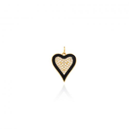 Cubic Zirconia Micro Pave Brass Pendant, Heart, 18K gold plated, fashion jewelry & DIY & micro pave cubic zirconia & enamel, black [