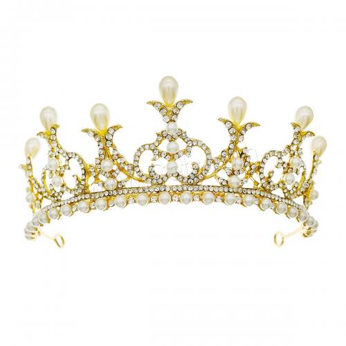 Bridal Tiaras, Zinc Alloy, with Plastic Pearl, gold color plated, for woman & with rhinestone 