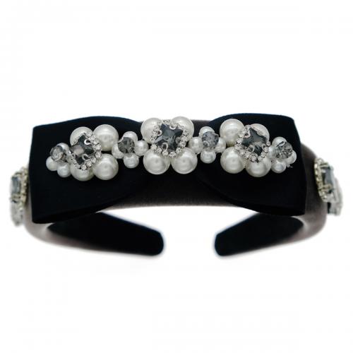 Hair Bands, Velveteen, with Plastic Pearl & Zinc Alloy, plated, for woman & with rhinestone, black 