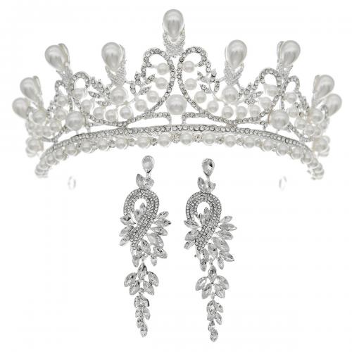 Bridal Tiaras, Zinc Alloy, tiaras & earring, with Plastic Pearl, silver color plated & for woman & with rhinestone 