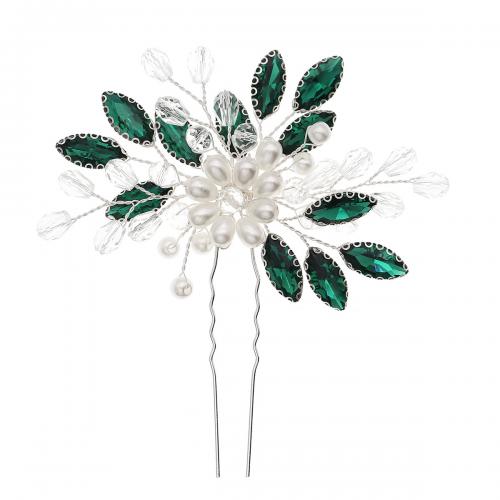 Hair Stick, Brass, with Plastic Pearl, Flower, silver color plated, for woman & with rhinestone, green 