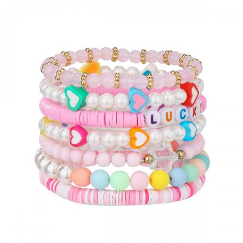 Wrap Bracelets, Polymer Clay, with Plastic Pearl & 316L Stainless Steel & 304 Stainless Steel, handmade, 7 pieces & for woman 