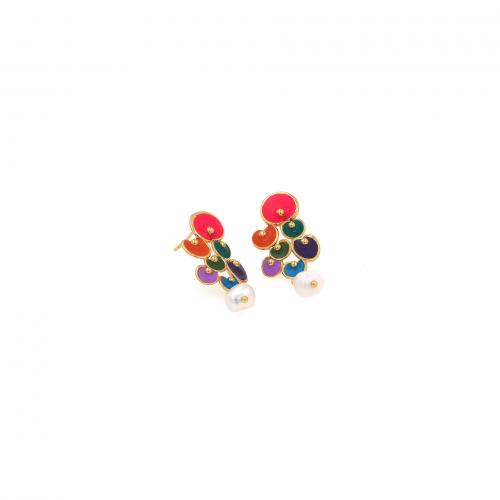 Brass Drop Earring, with Plastic Pearl, 18K gold plated, fashion jewelry & for woman & enamel, mixed colors 