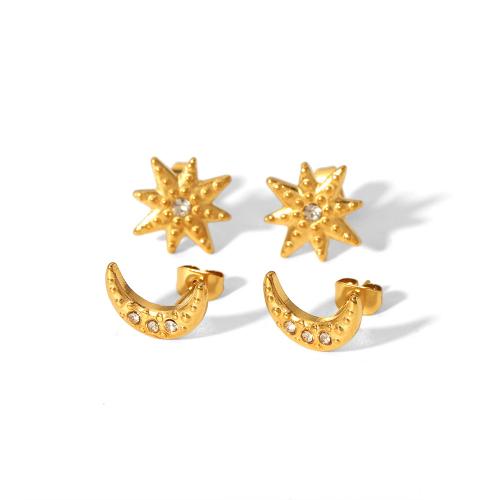 Stainless Steel Rhinestone Stud Earring, 304 Stainless Steel, 18K gold plated & for woman & with rhinestone, golden 