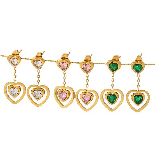 Titanium Steel Earrings, Heart, 18K gold plated, fashion jewelry & for woman & with rhinestone, golden 