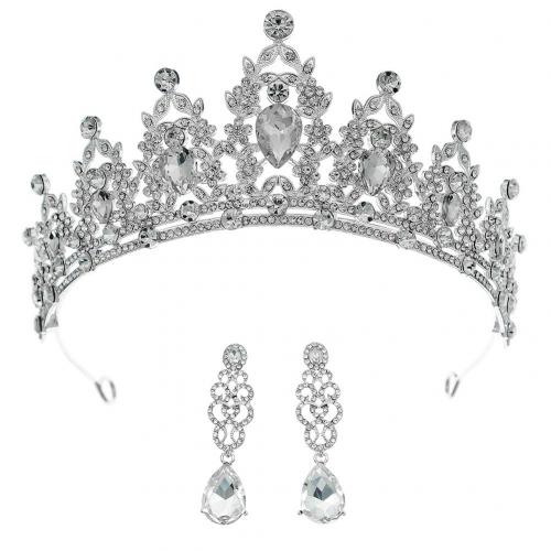 Bridal Tiaras, Zinc Alloy, tiaras & earring, silver color plated, for woman & with rhinestone 