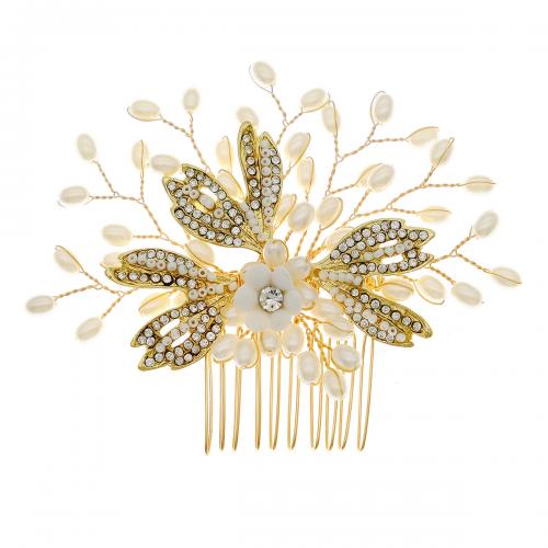 Decorative Hair Combs, Zinc Alloy, with Plastic Pearl, Flower, gold color plated, for woman & with rhinestone 