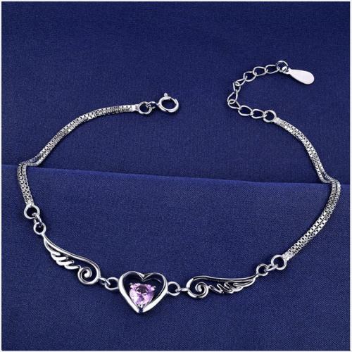 Cubic Zirconia Brass Bracelets, with Cubic Zirconia, Heart, silver color plated, for woman, purple cm 