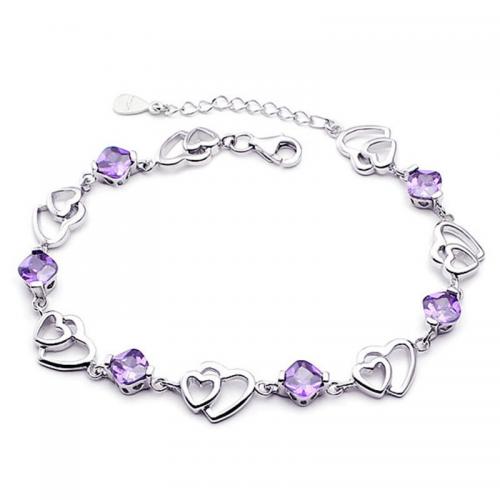 Cubic Zirconia Brass Bracelets, with Cubic Zirconia, Heart, silver color plated, for woman cm 