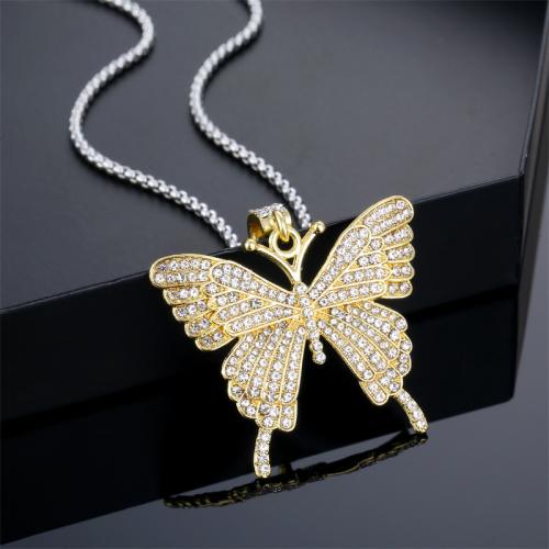 Titanium Steel Jewelry Necklace, with Zinc Alloy, Butterfly, plated, fashion jewelry & with rhinestone, gold cm 