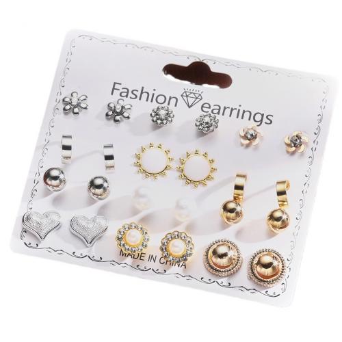 Zinc Alloy Stud Earring, with Crystal & Plastic Pearl, 12 pieces & fashion jewelry & for woman 